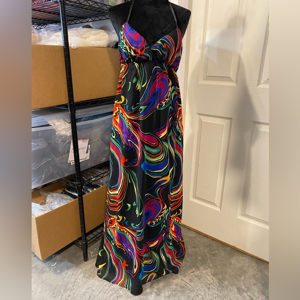 Maxi Watercolor Backless Halter Top Dress VNeckline Sleeveless Spaghetti Sleeve